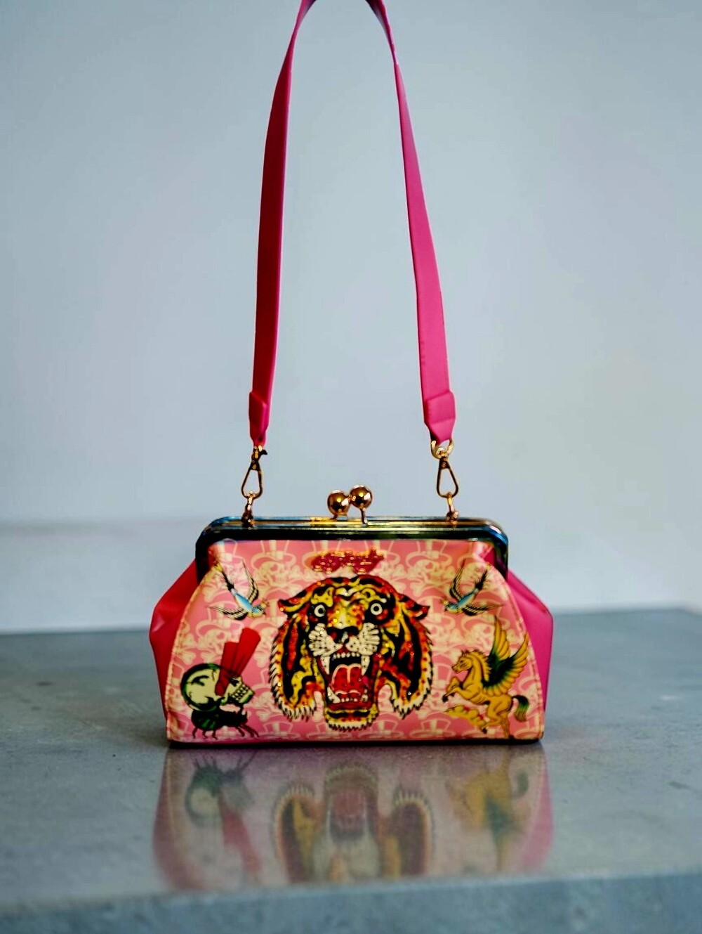 NEW Ed Hardy Y2K Tiger Tattoo Pink Clutch Shoulder Bag & Bag Charm 10"x7x3 NWT